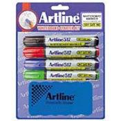 Artline EK-517 white board markers are convenient to use for a long period of time without replacing the cap. It has 48 hours of "cap off" time and still delivers bright colors. Sold by the Pack of 4 markers with erasers.
