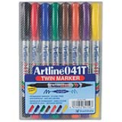 Artline EK-041T Twin Nib Permanent Markers are two markers in one. Common ink reservoir ensures one nib will not run out before the other. Sold in 8PK. RoHS compliant.